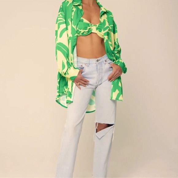 RESA x JoJo Monica Blouse Top Rico Green & Yellow Leaf Print Size XS/S Oversized - Picture 9 of 9